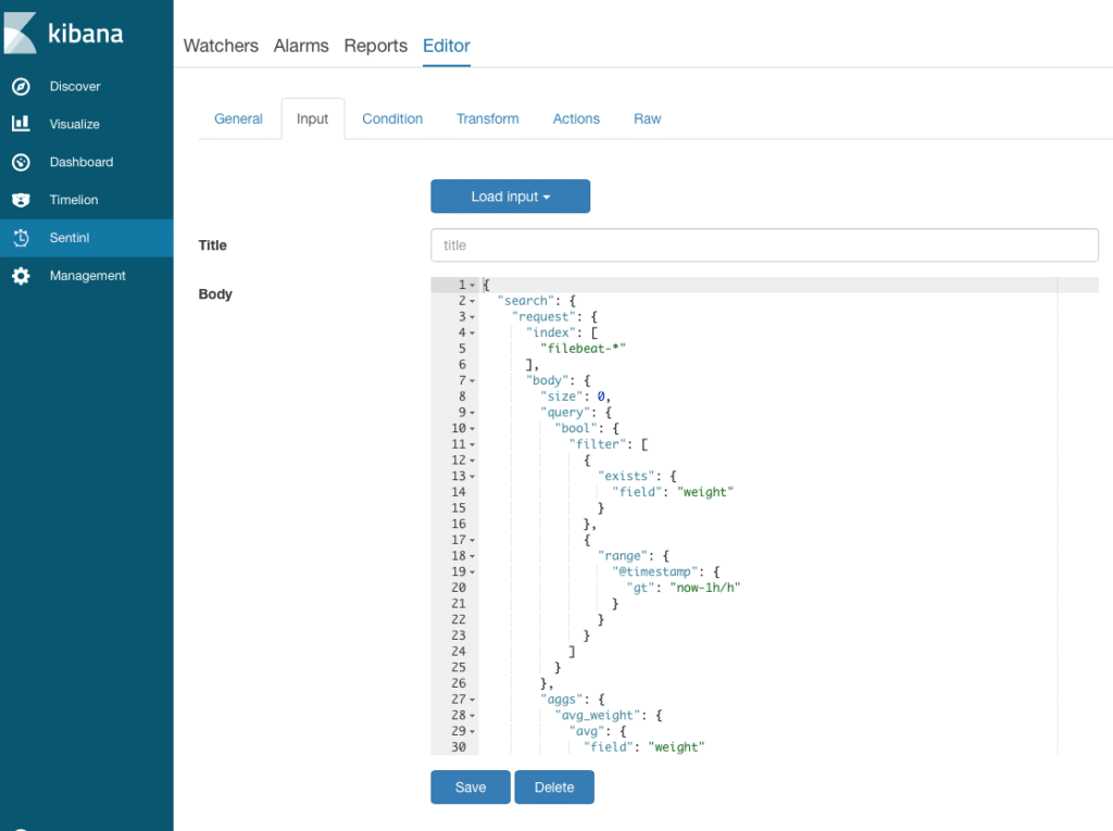 Kibana Input Sentinl Query